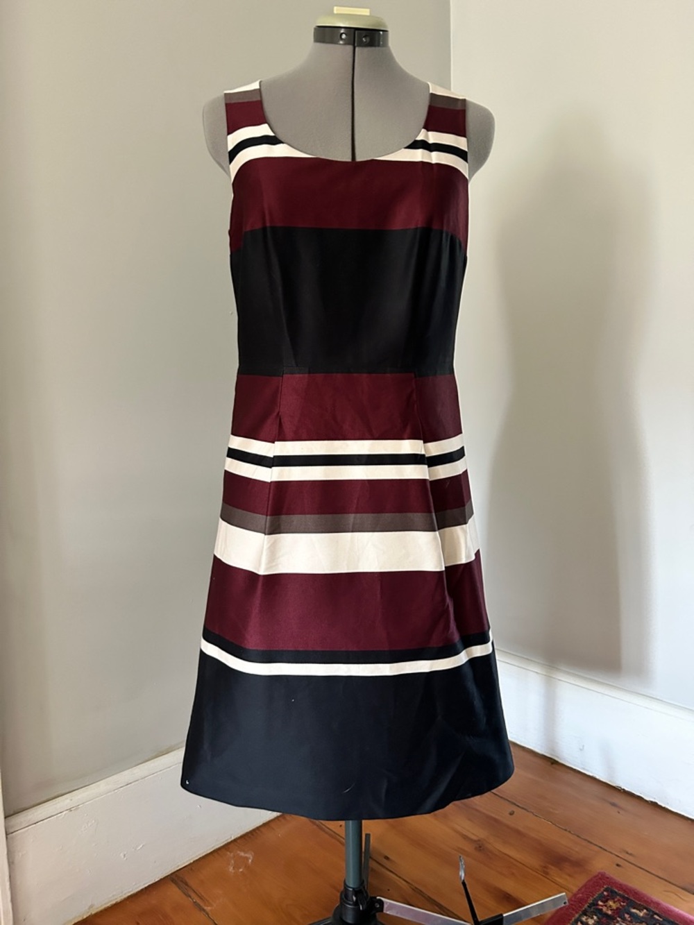 H&M vintage Cotton Sleeveless Striped shift Dress in Burgundy, black, and cream